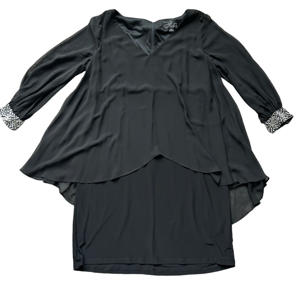 Alex Evenings BLACK JERSEY CHIFONN LONG SLEEVED DRESS WITH BEADED CUFFS size 16W - Picture 7 of 10